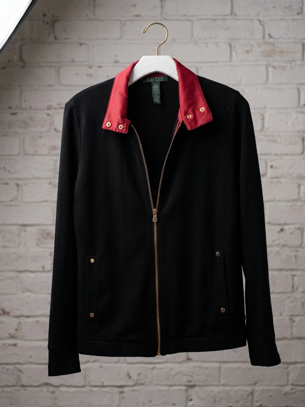 Ralph Lauren Black Thin Ribbed Jacket with Red Collar and Gold Hardware